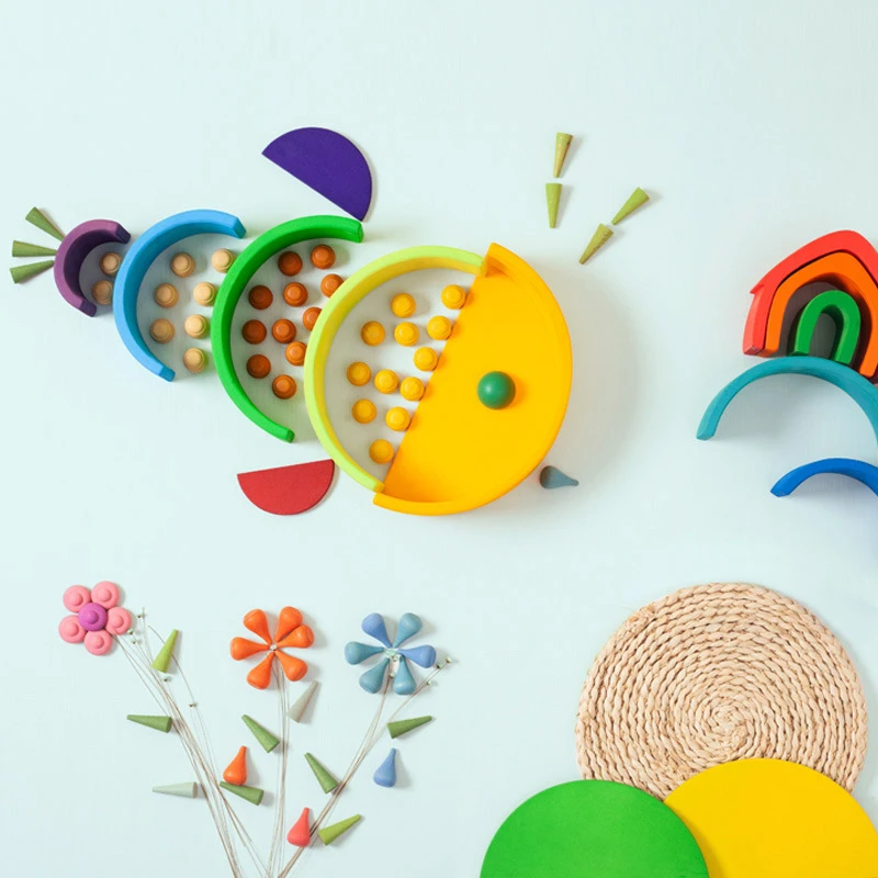 Bloques creativos de arco&iacute;ris de madera para ni&ntilde;os, juguetes de madera Natural, setas, gotas de panal, bloques de conos de &aacute;rbol para regalo, 324 Uds.-3