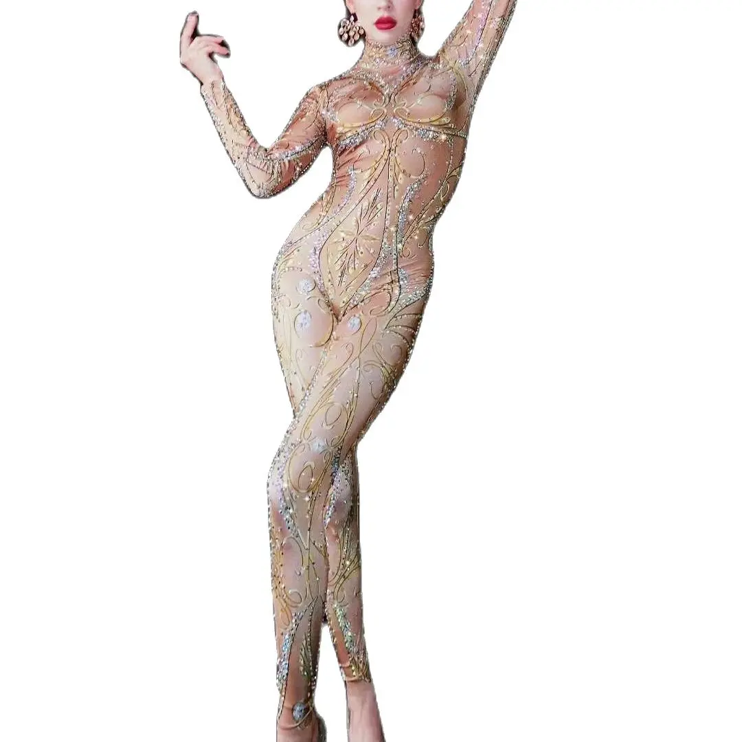 Luxurious Golden Crystal Rhinestone Jumpsuits Women DJ Nightclub Outfit Female Dancer Stage Show Long Sleeve Bodycon Costume