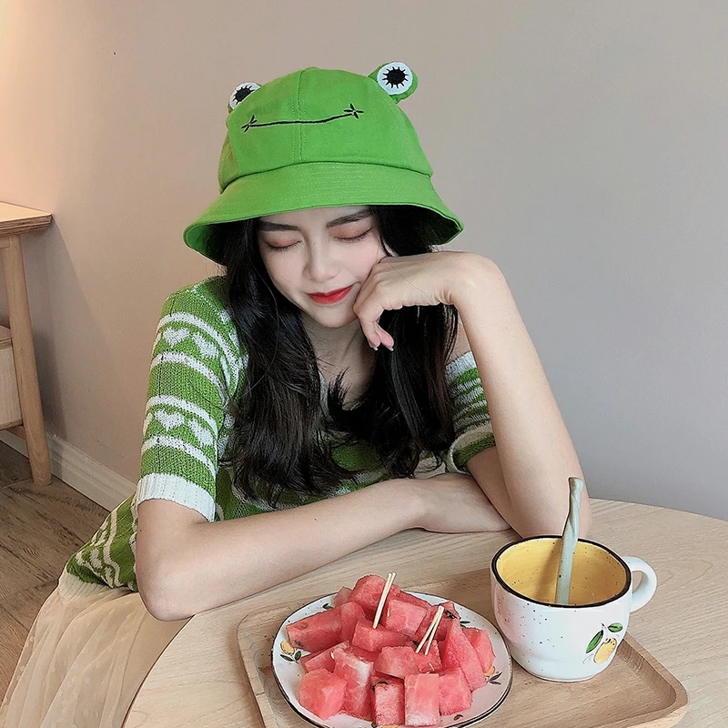 Frog Bucket Hat Women Summer Autumn Plain Female Panama Beach Fishing Hiking Fisherman Cap Sunscreen Women Sunhat Bob Grenouille