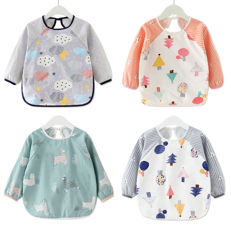 

Cotton Waterproof Cartoon Long Sleeve Baby Bibs Reversible Bandana Bibs Children Eating Drawing Apron Baby Feeding Burp Cloth