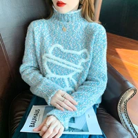 half high collar mink cashmere sweater women 2021 autumn winter thick pullover cartoon print long sleeve female top