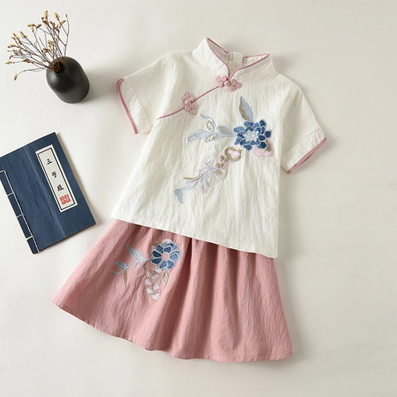 Платья для девочек Hanfu летние костюмы с юбкой Детская рубашка в древнем стиле