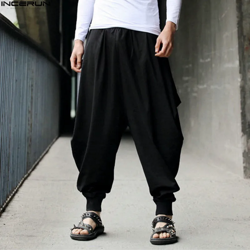 

INCERUN Plus Size Cotton Linen Harem Pants Men Baggy Pants Japanese Style Mens Crotch Wide Leg Pants Casual Loose Trousers