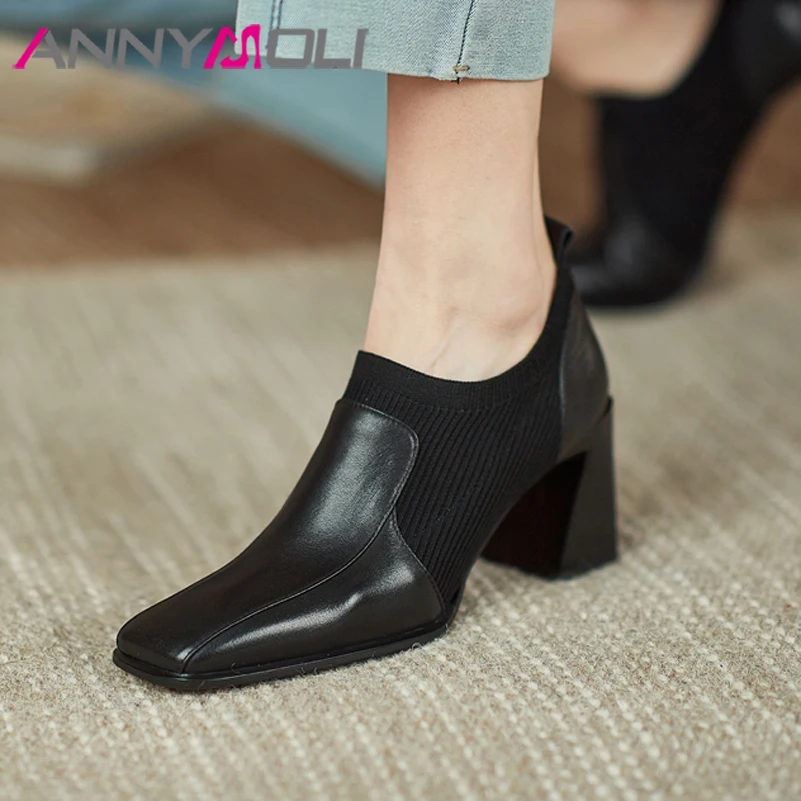 

ANNYMOLI Genuine Leather Shoes Women Chunky Heels Pumps Square Toe High Heel Ladies Fashion Footwear 2022 New Apricot Spring 39