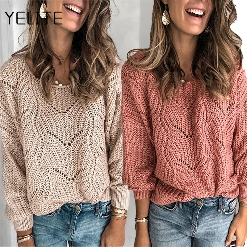 YELITE, женская мода, осень, новинка, корейский стиль, кружева, сшитые, дизайн, на ощупь, полый, толстый, линия головы, свободная одежда, теплый свитер для женщин