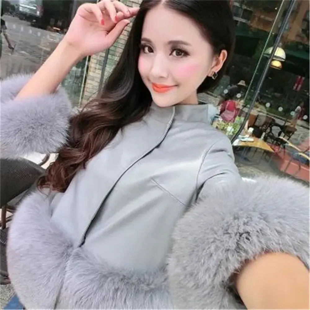 Autumn Women'S Pu Leather Faux Fox Fur Stitching Fur Stand Collar Women'S Cropped Sleeve Leather Coat Female Korean Plush Jacket