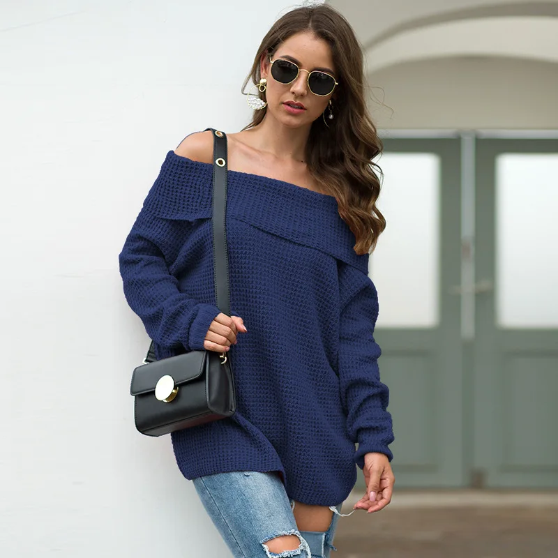 

2020 autumn new solid color women's sweater word collar loose sweater