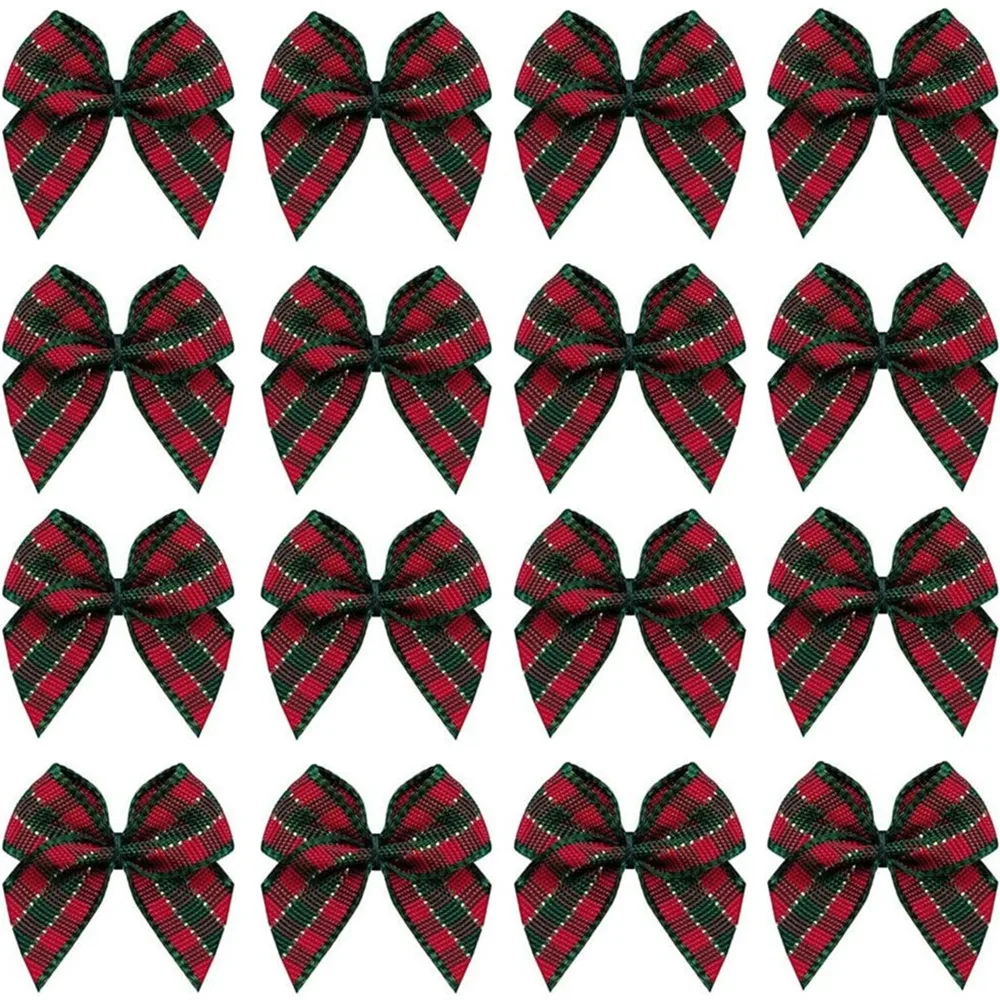 

25pcs Mini Gingham Ribbon Bows Checkered Ribbon Flowers Plaid Ribbon Bow Appliques DIY Accessories for Gift- Red/Green