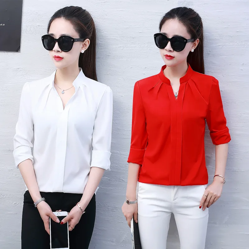 

New 2020 Blouses Spring Long Sleeve Casual Chiffon Shirts Female Work Wear Blouse V-neck Solid Color White Office Women Clothing