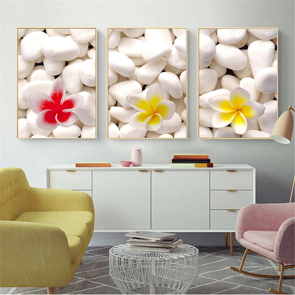 Картина на холсте с цветами и белыми камнями плакаты принты в скандинавском