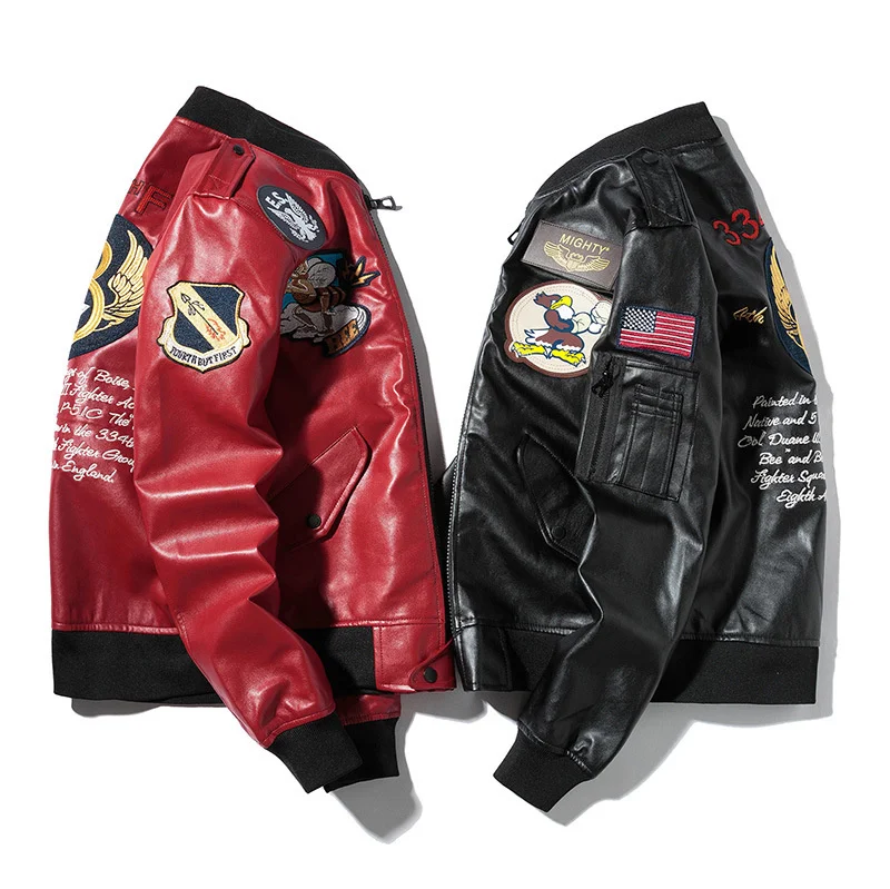 

Men PU Leather Bomber Jacket Fashion Embroidery Letter Army Military Pilot Jacke Spring And Autumn Men's Baseball Jacket 2021