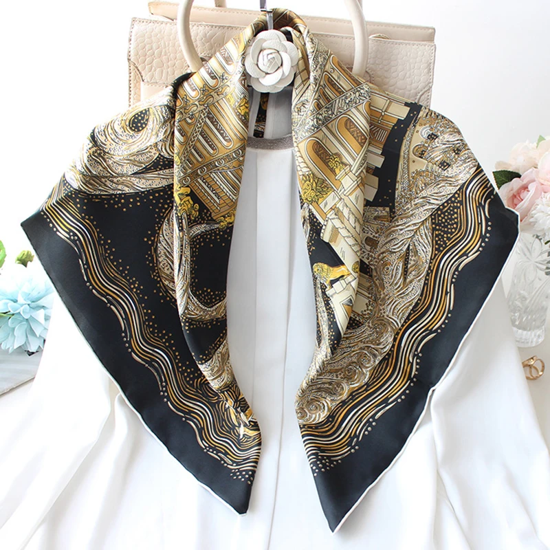 100% Twill Silk Scarf Unisex Man Women Vintage Tower Print Shawl Hijab Hand Rolled Kerchief Bandana 35