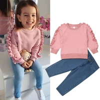 fashion kids baby girl clothes pink ruffle tops shirt denim pants autumn winter warm outfit 2pcs set