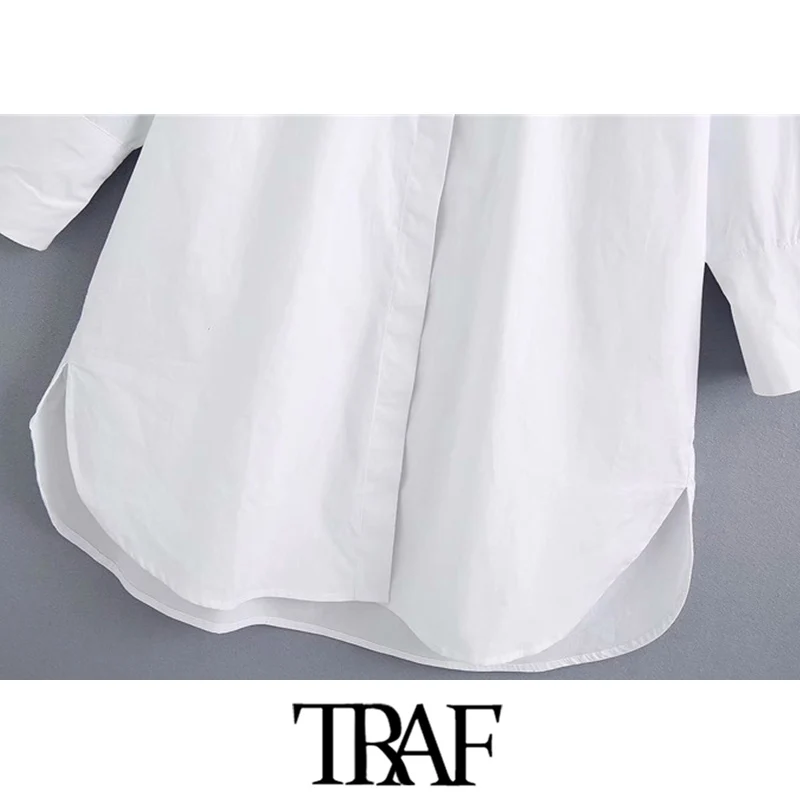

TRAF Women Fashion With Buttons Loose Asymmetry Blouses Vintage Long Sleeve Side Vents Female Shirts Blusas Chic Tops