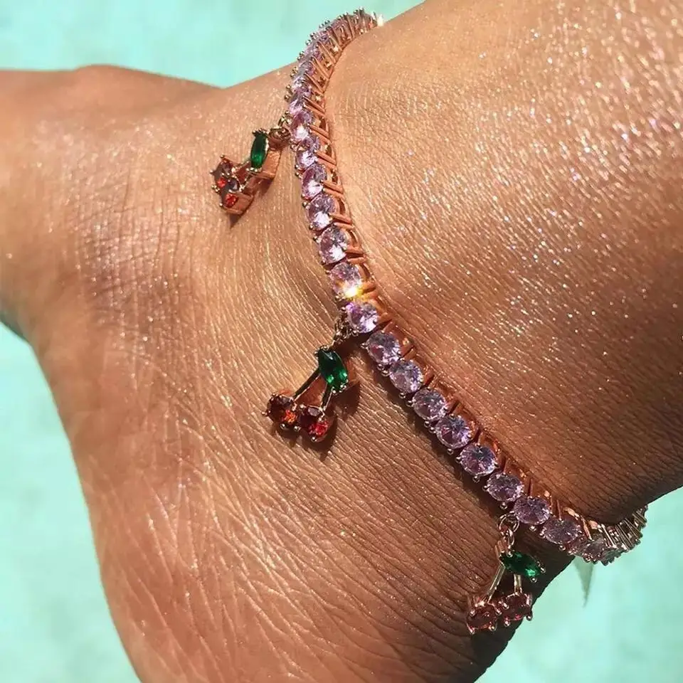 

Gold Silver Color Cherry Anklet Rhinestone Crystal Ankle Boho Beach Anklets for Women Sandals Foot Bracelets Female Jewelry