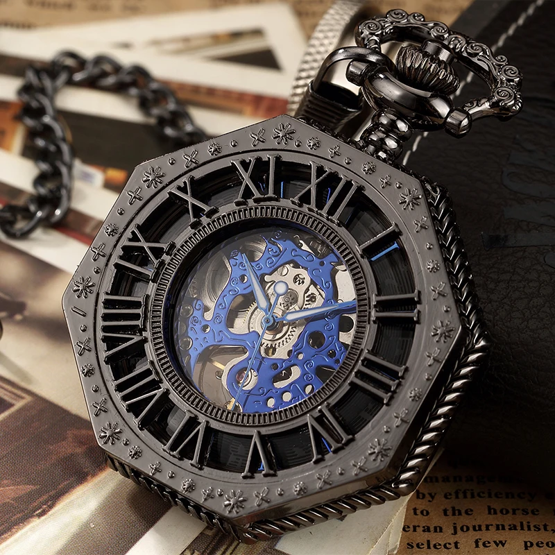 Gold Mechanical Pocket Watch for Men Antique Steampunk Skeleton Roman Numeral Fob Chain Pendant Hand Winding montre de poche