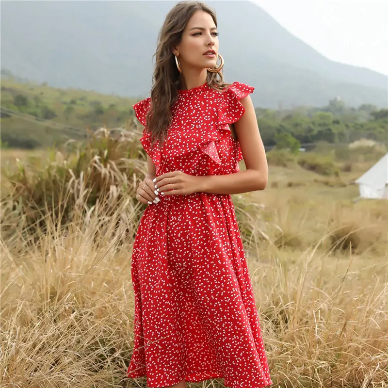 

2021 New Summer Dot Print Dress Women Casual Butterfly Sleeve Ruffles Medium Long Chiffon Dress