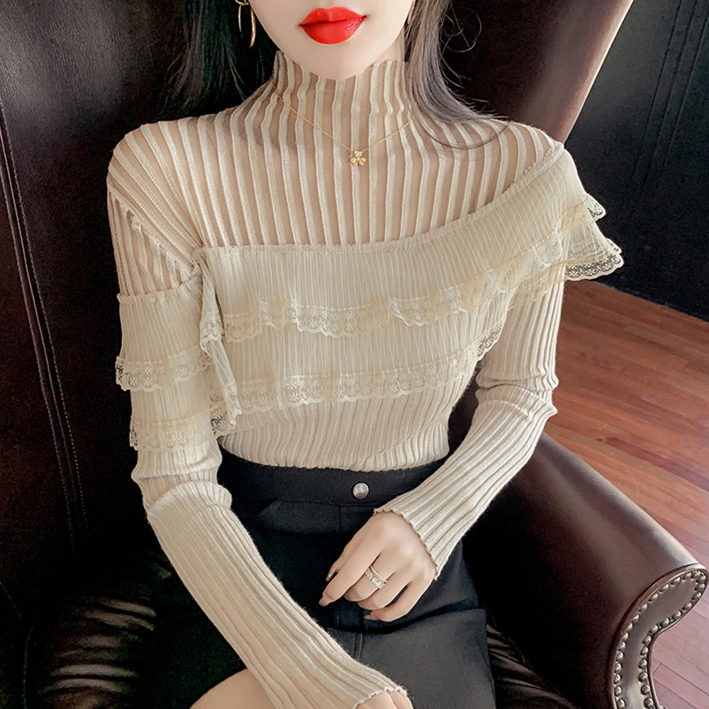 

2021 New Women Fashion Lace Stitching Appliques Long Sleeve Knitted Sweater Ladies Casual Chic Basic Pullovers Tops