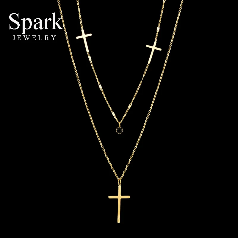 

Spark Stainless Steel Cross Pendant Amulet Necklace Black Stone Double-layer Chain Necklaces For Women Girls Christmas Gift