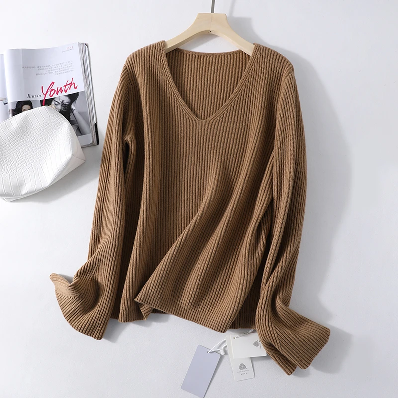 

Women Sweater Pure Cotton Wool Autumn Pullover V-Neck Loose Knit Top Flared Sleeve Design A Slightly Looser Version