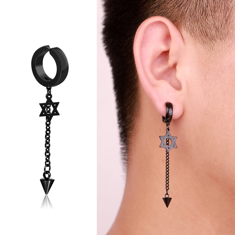 

Hexagram Stainless Steel Dangle Drop Earrings For Men Hiphop Black Fake Piercing Punk Clip On Earrings Jewelry 1pcs