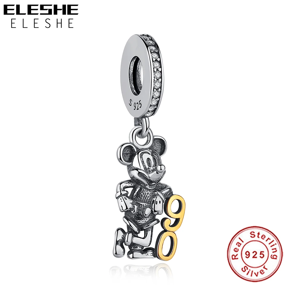 ELESHE 100% серебряные бусины 925 пробы CZ мультфильм подвеска мышь очаровательный