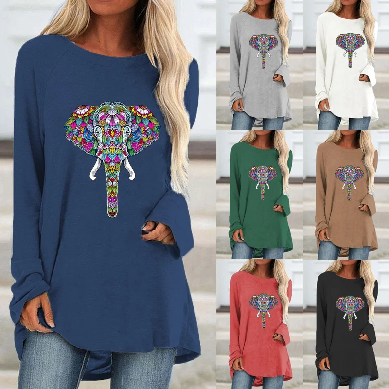 

Spring and Autumn Women Plus Size Long Sleeved Loose Casual Round Neck Elephant Print Sweatshirt Fashion Tops & Blouses T-Shirt
