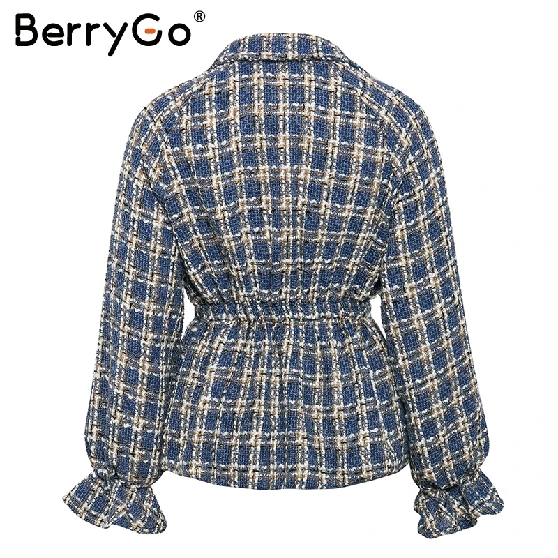 BerryGo Повседневный твидовый в клетку жакет Женское пальто свободный фонарь рукав кардиган-пончо Эластичная Высокая талия верхняя одежда женская куртка