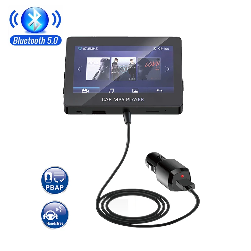 

New HD Video Car Bluetooth 5.0 FM Transmitter Wireless Handsfree Audio Receiver Auto MP5 Player android big screen Fast Charger