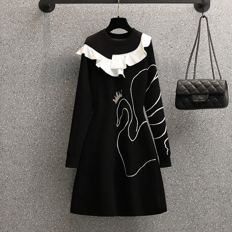 

Plus Size Women Sweater Dress Fall Winter French Vintage Retro Ruffles Patchwork Knitted Jumpers Korean Casual 4XL Warm Sweaters