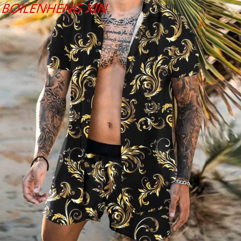 

Men's Casual sportswear Sandbeach Short Sleeve Shorts Polyester Fiber Suit Printed Hawaiian Men's Suit X-large
