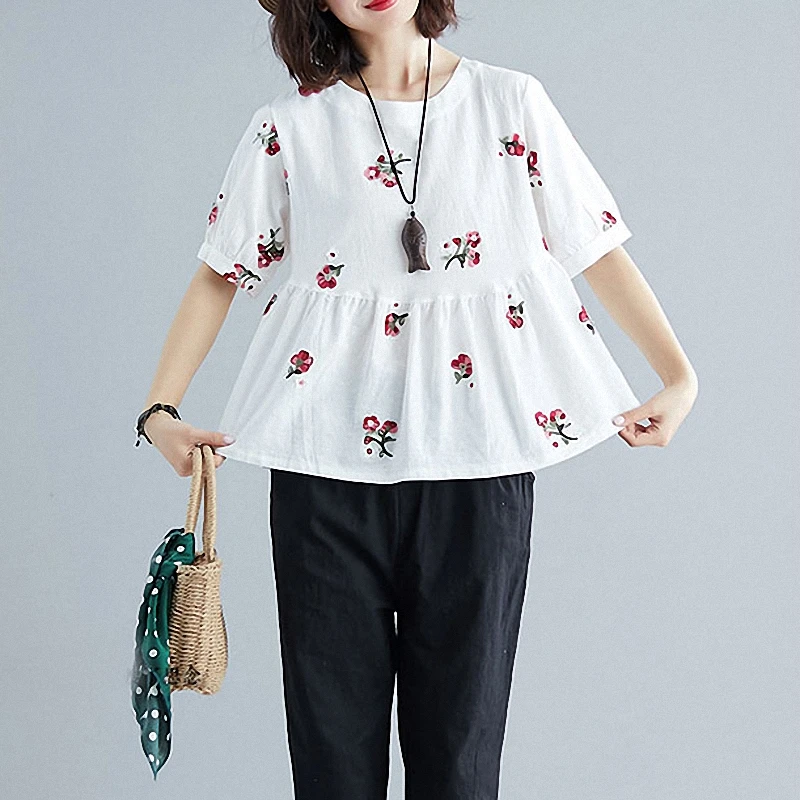 Женские винтажные блузка и рубашки с вышивкой роз свободные хлопковые льняные