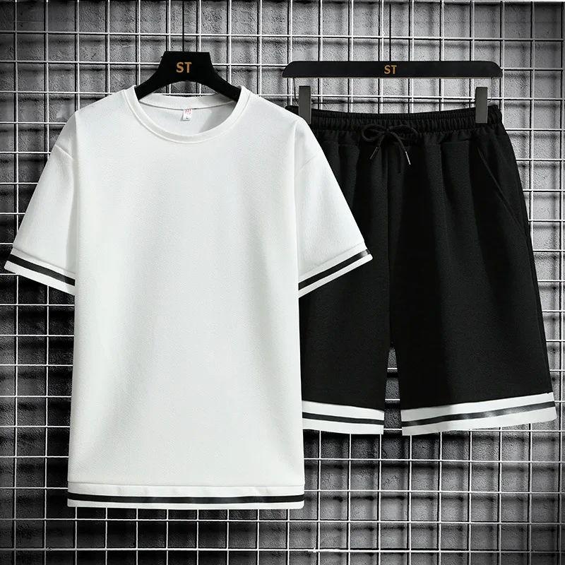 

2021 summer Korean men's short-sleeved casual suit men's shirt T-shirt half-sleeved five-point pants sports two-piece suit