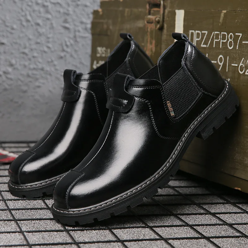 Мужские зимние кожаные ботинки на шнуровке теплые меховые ботильоны из воловьей