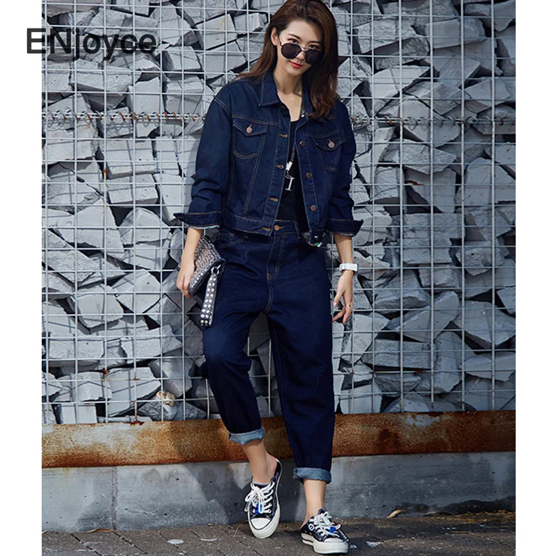 Женская джинсовая куртка комплекты 2021 Весна осень синие джинсы и брюки Комплект