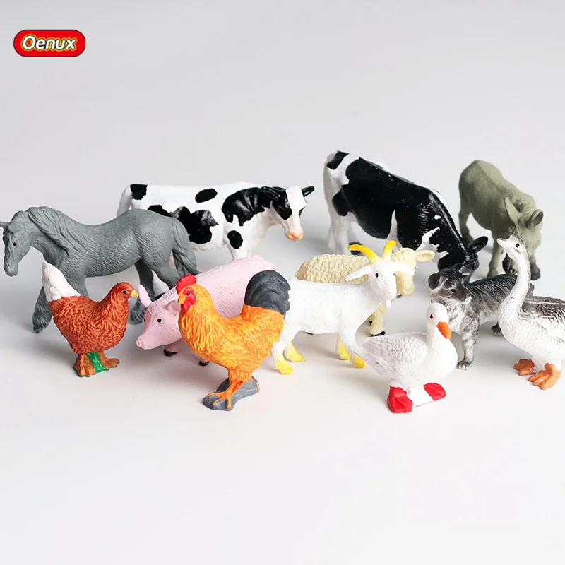 

Oenux 12PCS Mini Farm Zoo Animals Action Figures Simulation Poultry Pig Duck Hen Goose Horse Cow Dog Goat Model Toy For Kid Gift