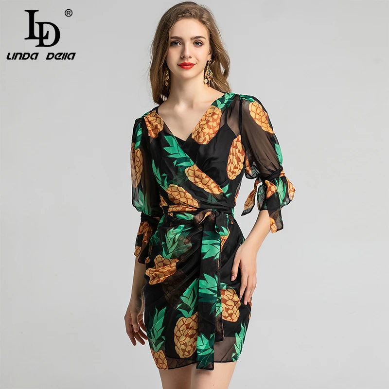 LD LINDA DELLA модное подиумное летнее платье женское v образный вырез принт фрукт
