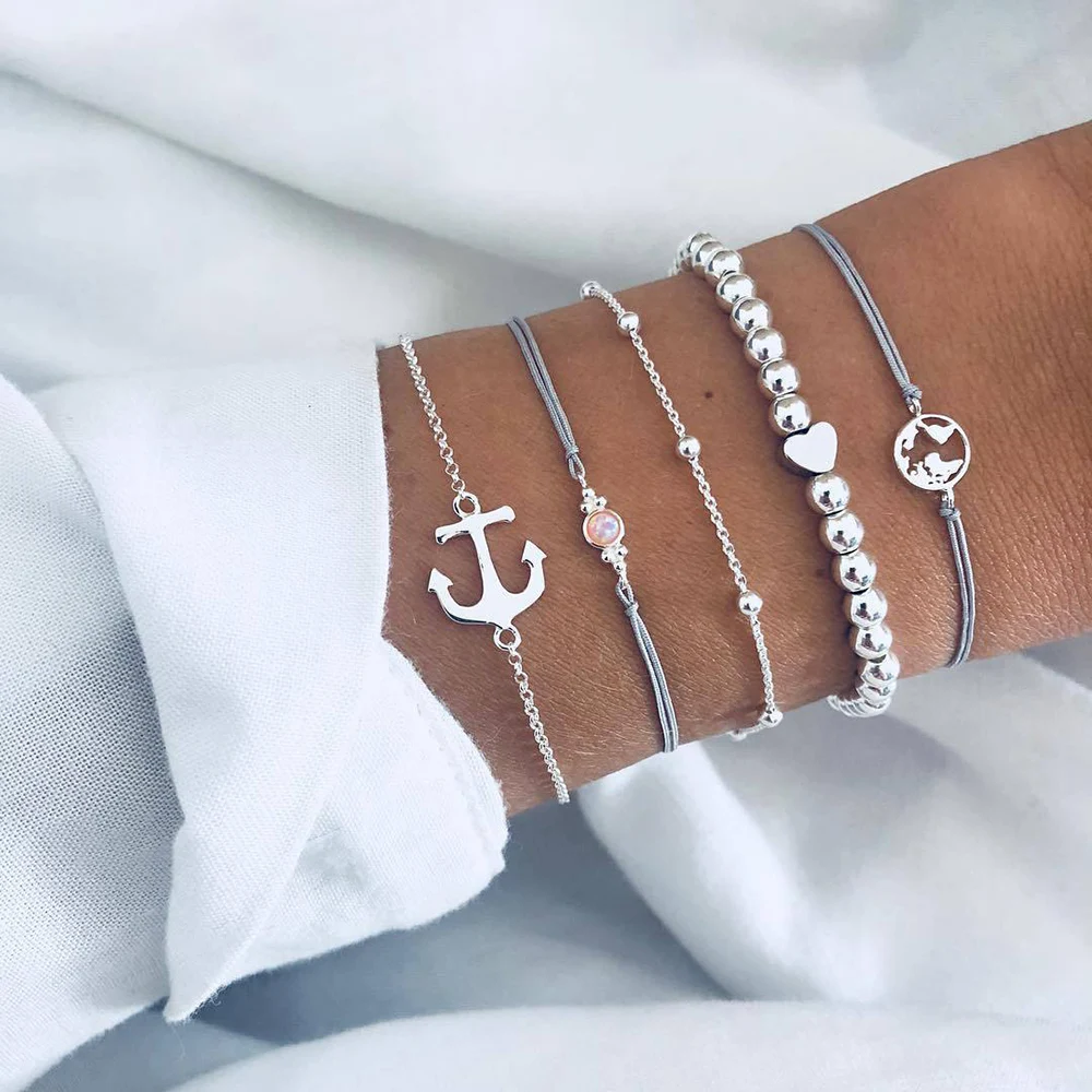 Женский винтажный браслет в стиле бохо 5 шт./компл. с якорем опаллами бусинами и