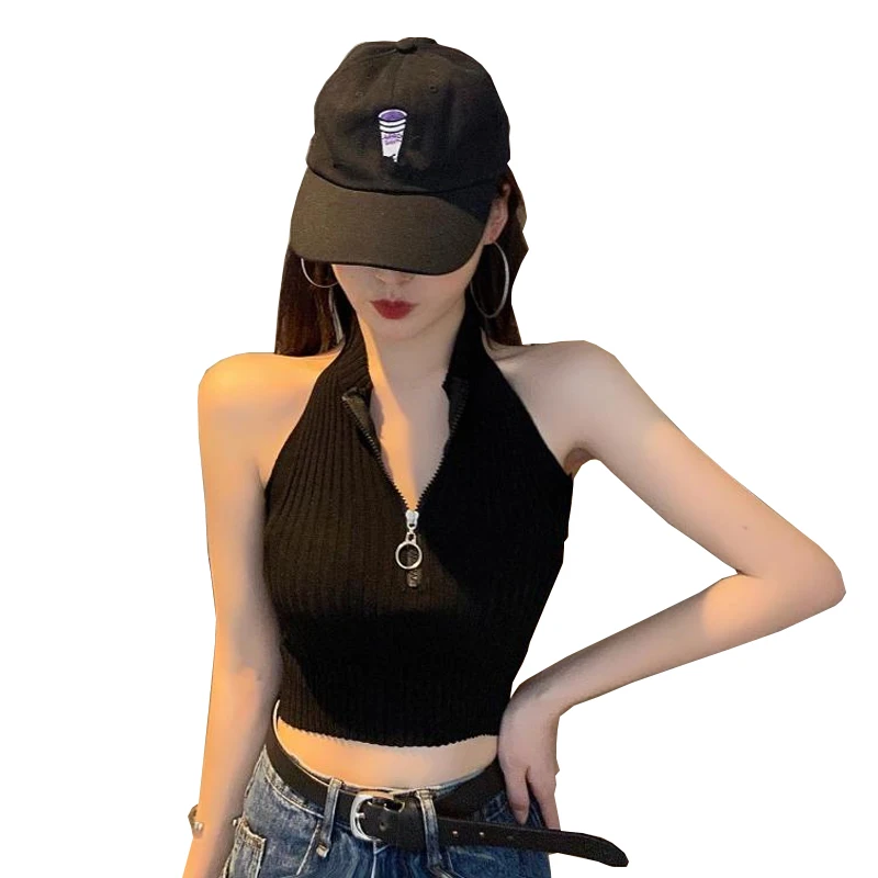 

Summer Sexy Sweater Female Fashion Slim Zipper Sleeveless Bottoming Shirt Lady Net Red Short Backless Knitt Vest Tops Women