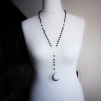 black beaded rosary necklace gothic crescent long necklace witch pagan moon phase jewelry ladies gift fashion jewelry