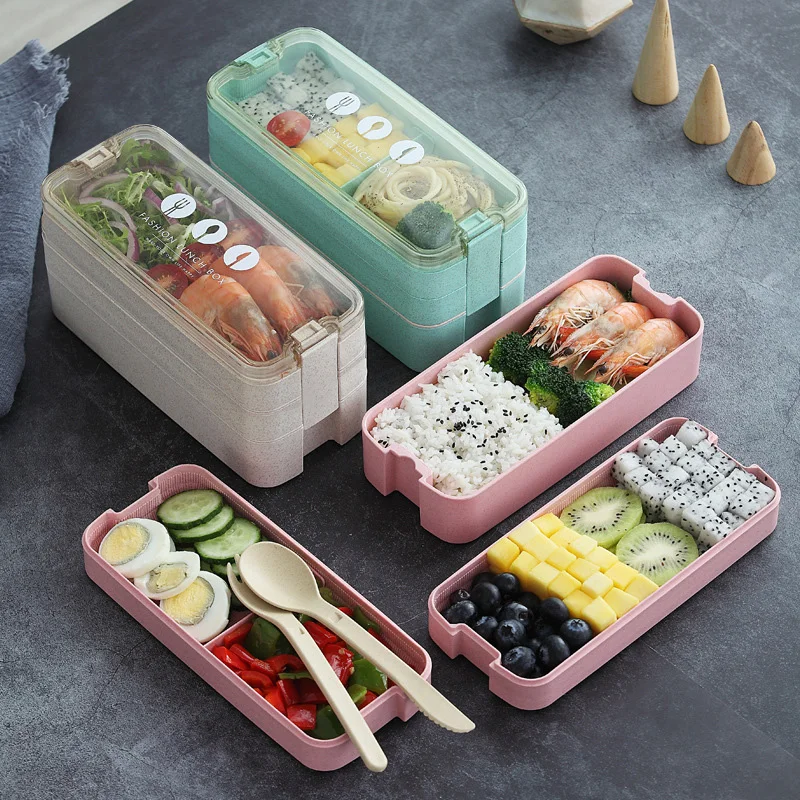 

Bento Box Microwave Safe BPA Free 3 Stackable Lunch Box with Divider Spoon & Fork for Kids Adults 1L/33.8oz