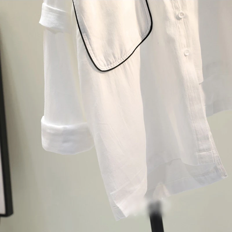 

New 2021 Spring Asymmetrical Tops Women Long Sleeve Blouses White Shirts Letter Turndown Pocket Casual Female Blusas #H11