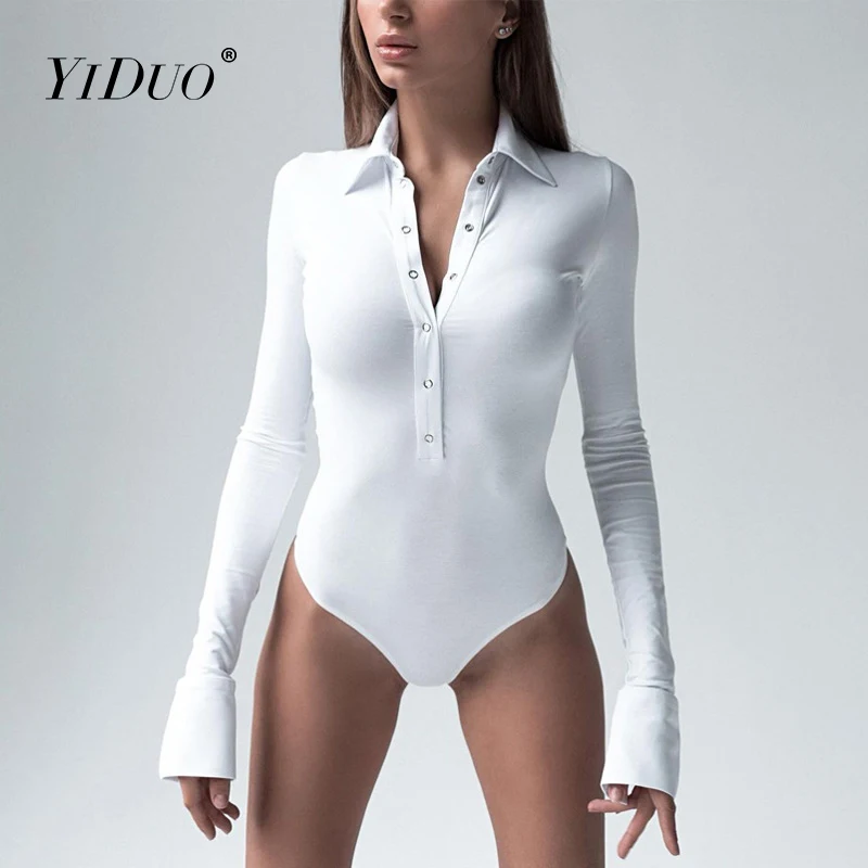 

YiDuo 2021 Long Sleeve Solid Bottons Turn-Down Collar Bodycon Bodysuit Spring Women Fashion Sexy Streetwear Romper Body Jumpsuit