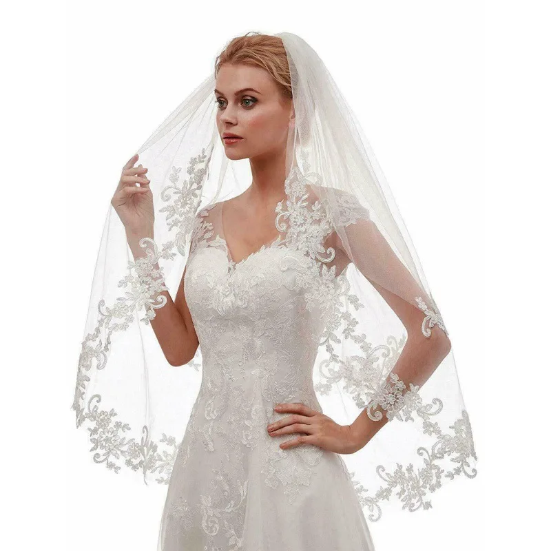 

2021 New Romantic Wedding Bridal Veil White Ivory Embroidery Handmade Applique 2 Layers With Comb velos de novia