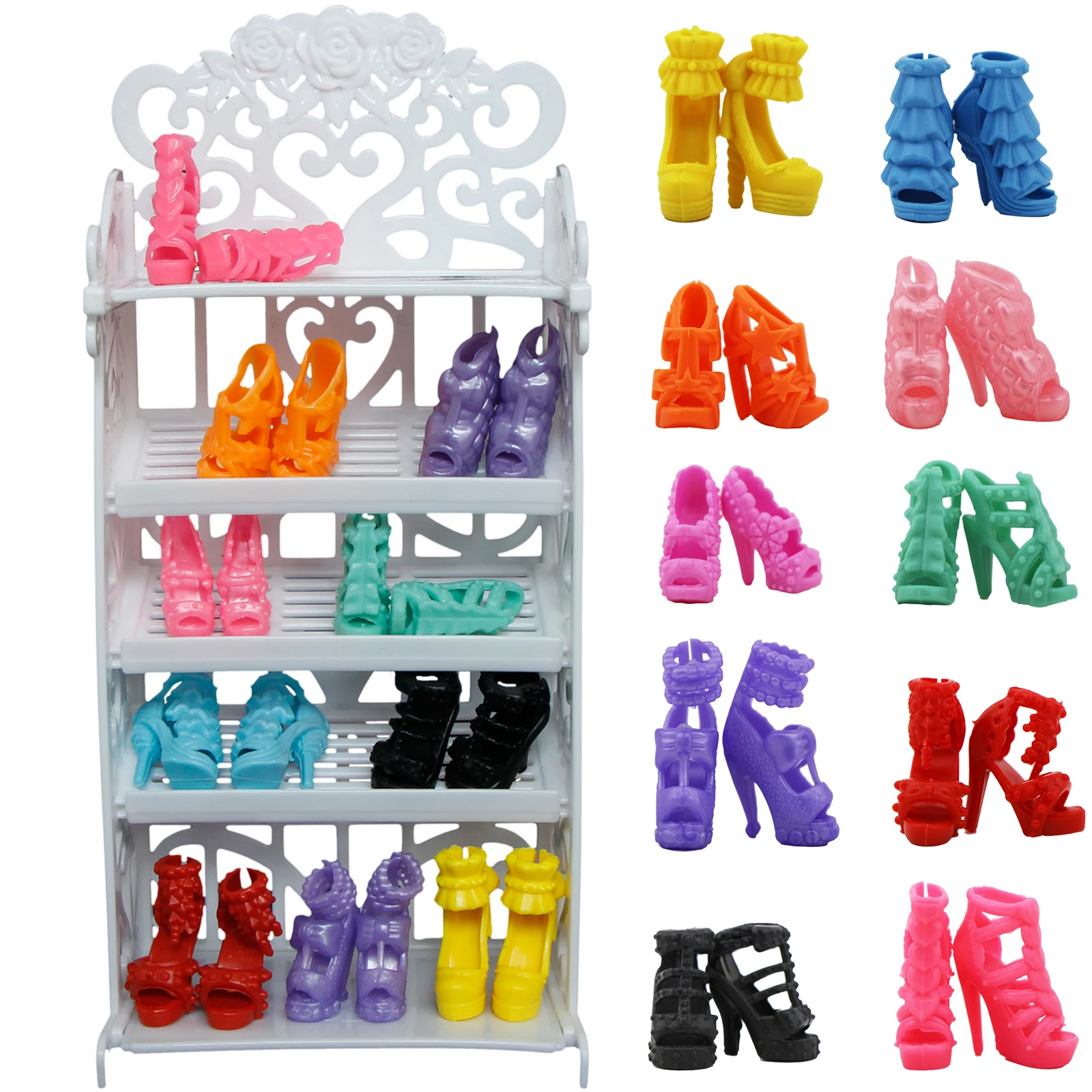 Высококачественные 10 пар кукольных обувей + белый пластиковый стеллаж 12 для аксессуаров мебели для кукольного домика Barbie игрушки для детей.