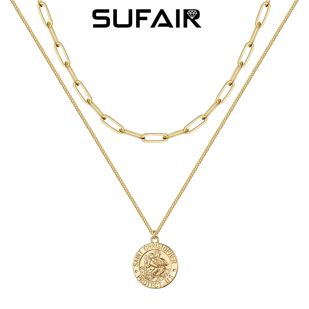 

Sufair 2Pc Layering Choker Engraved Disc Necklaces for Women 14k Gold Filled Paperclip Chain Layering Necklace Teen Girl Jewelry