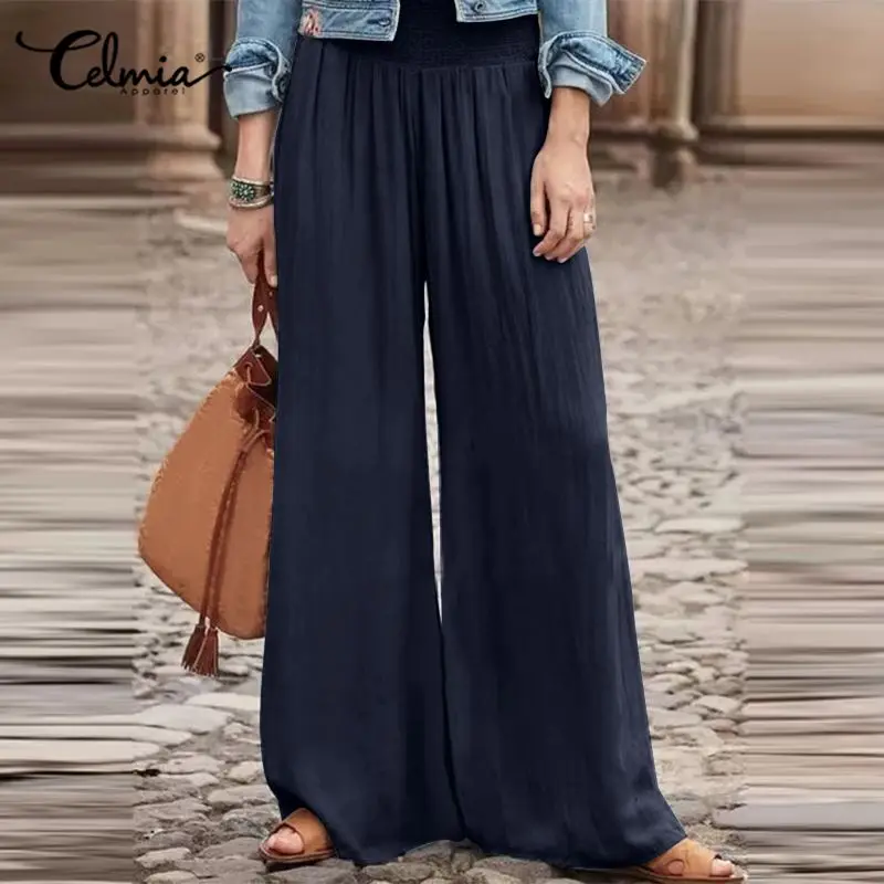 

Celmia Elegant Long Trousers 2022 Autumn Women Wide Leg Smocking Vintage High Waist Solid Casual Loose Pleated Party Pants Femme