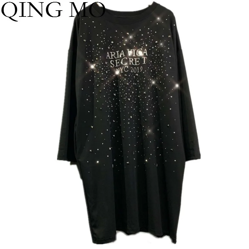 Женское платье-футболка QING MO весеннее черное платье в стиле Стразы женское из