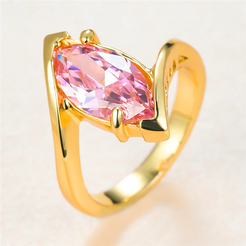 

Cute Female Pink Zircon Stone Ring Vintage Gold Color Thin Wedding Ring Dainty Bride Leaf Crystal Engagement Ring For Women