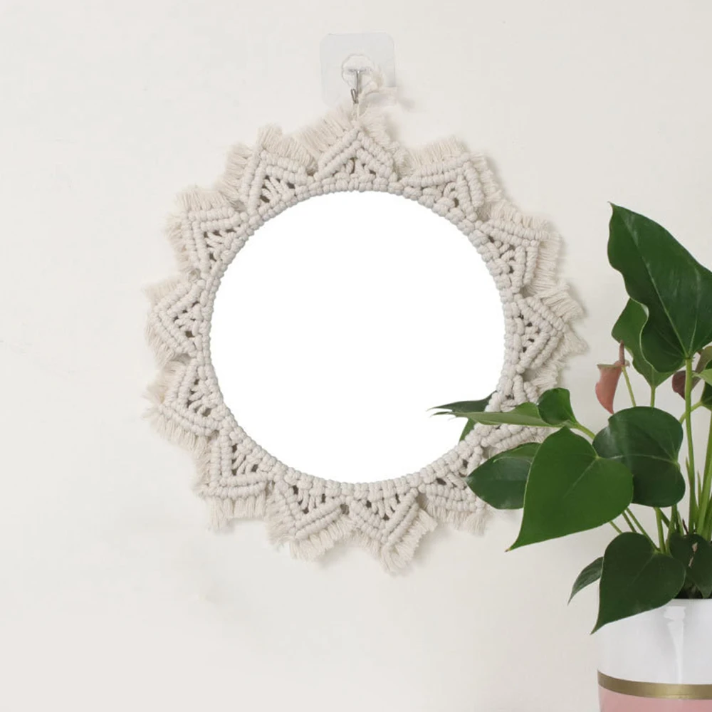 

Macrame Mirror Handmade Tapestry Makeup Mirror Lighted Compact Home Bedroom Espejos Decorativos Wall Mirrors Decorations